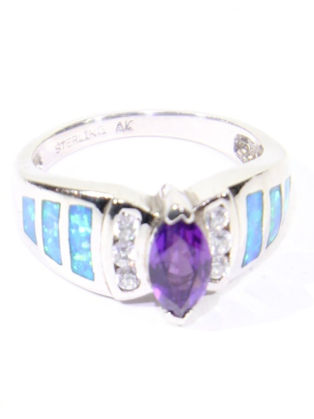 Vintage .925 Sterling Silver Ring w/ Marquise Cut Amethyst, CZ, and Opel Inlay